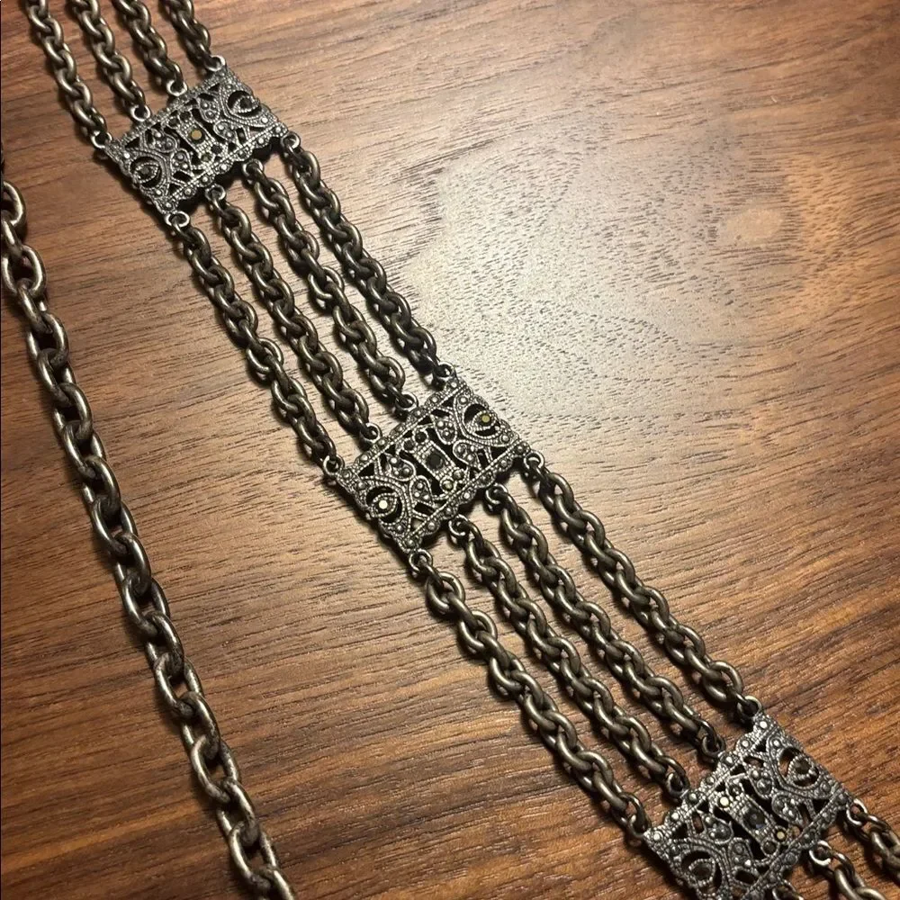 Gunmetal Silver Chain Belt with Rhinestones